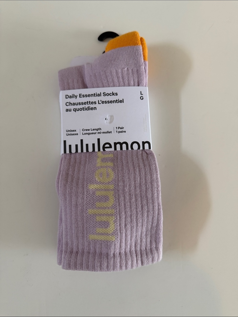 NEW Lululemon Daily Essential Socks Size L Lavender Yellow Unisex Crew Length